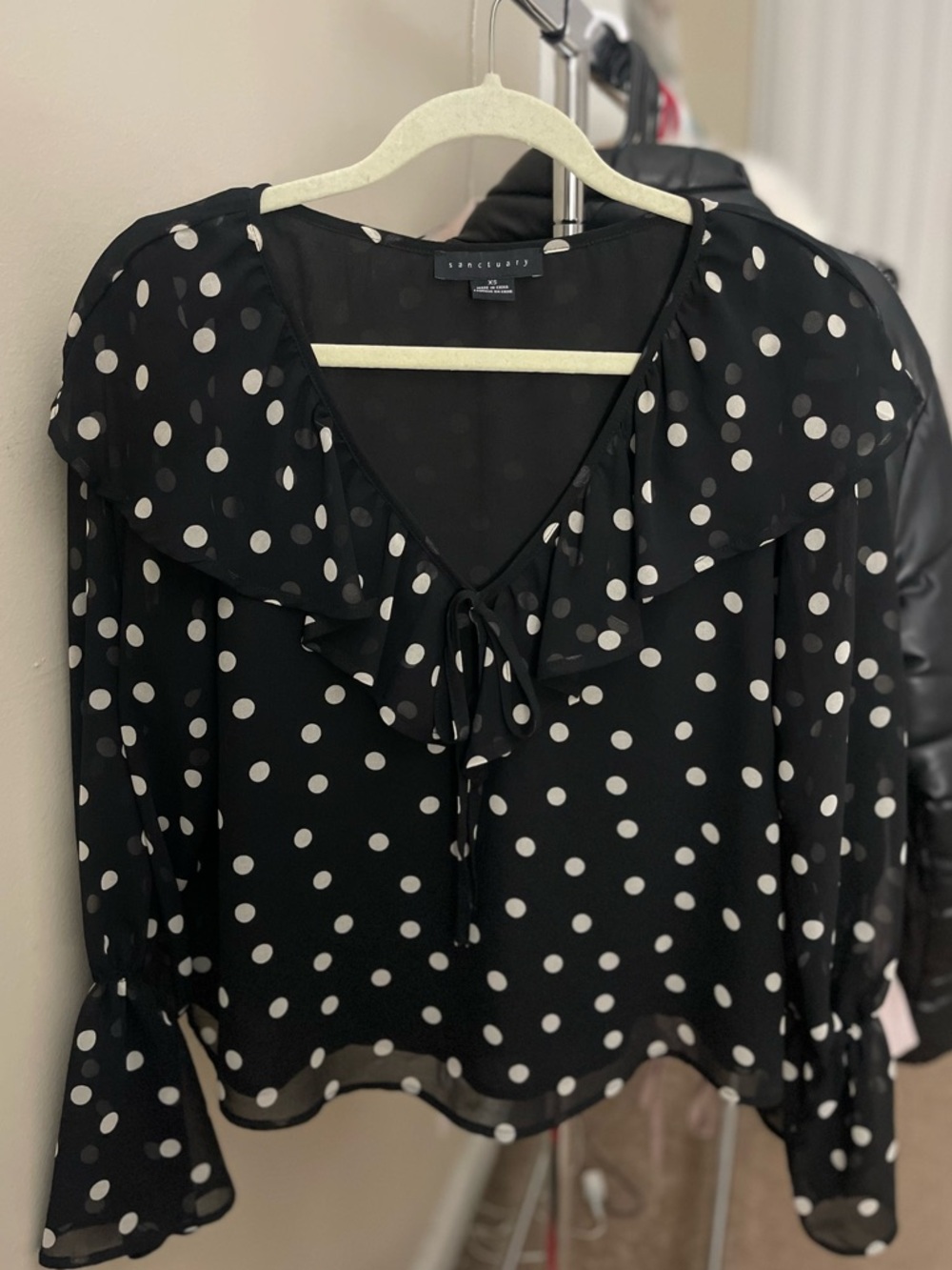 Sanctuary- Black & White Polka Dot Tie-Front Blouse